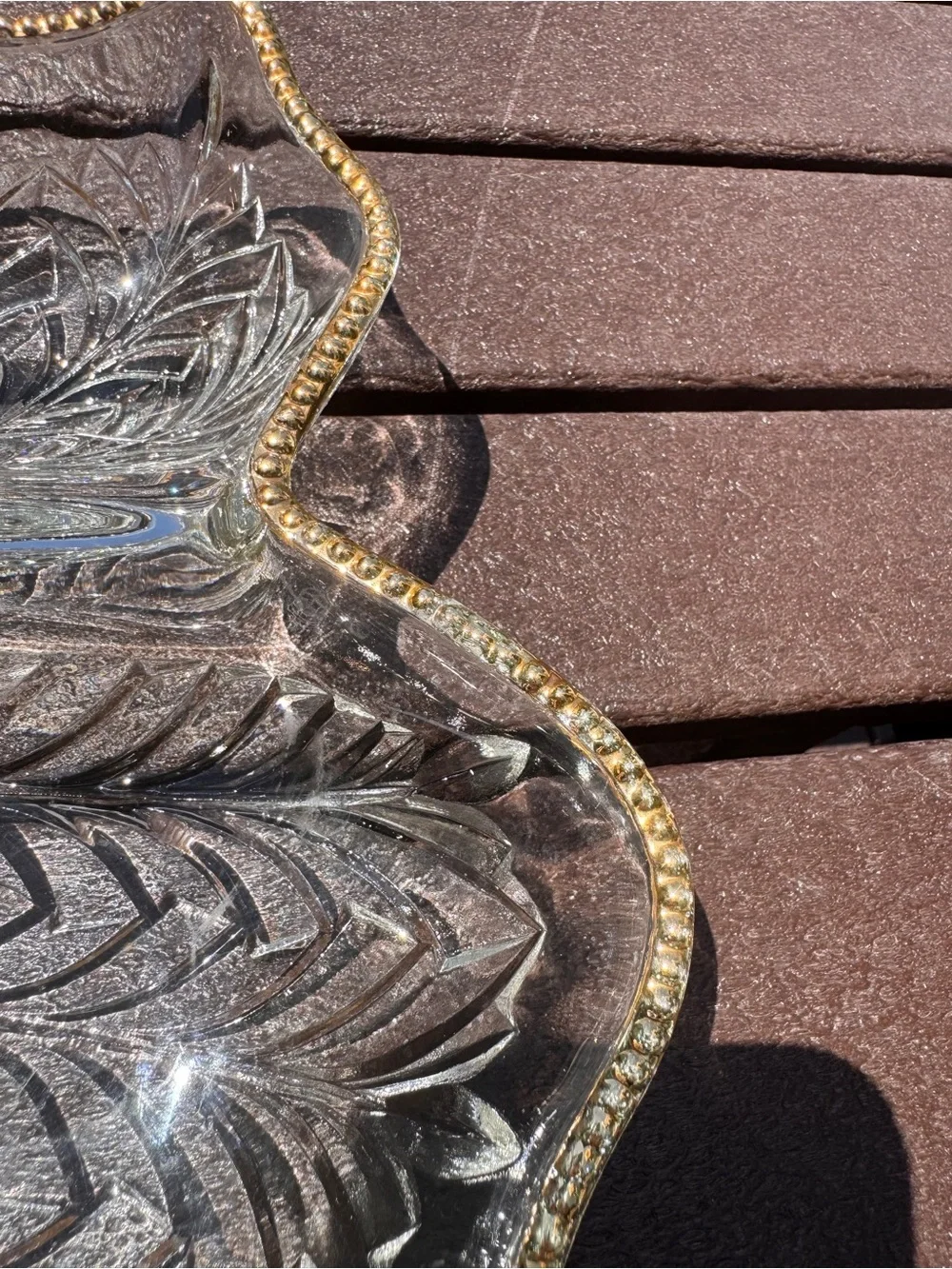 Clear Glass Leaf Serving Tray with Gold Beaded Rim